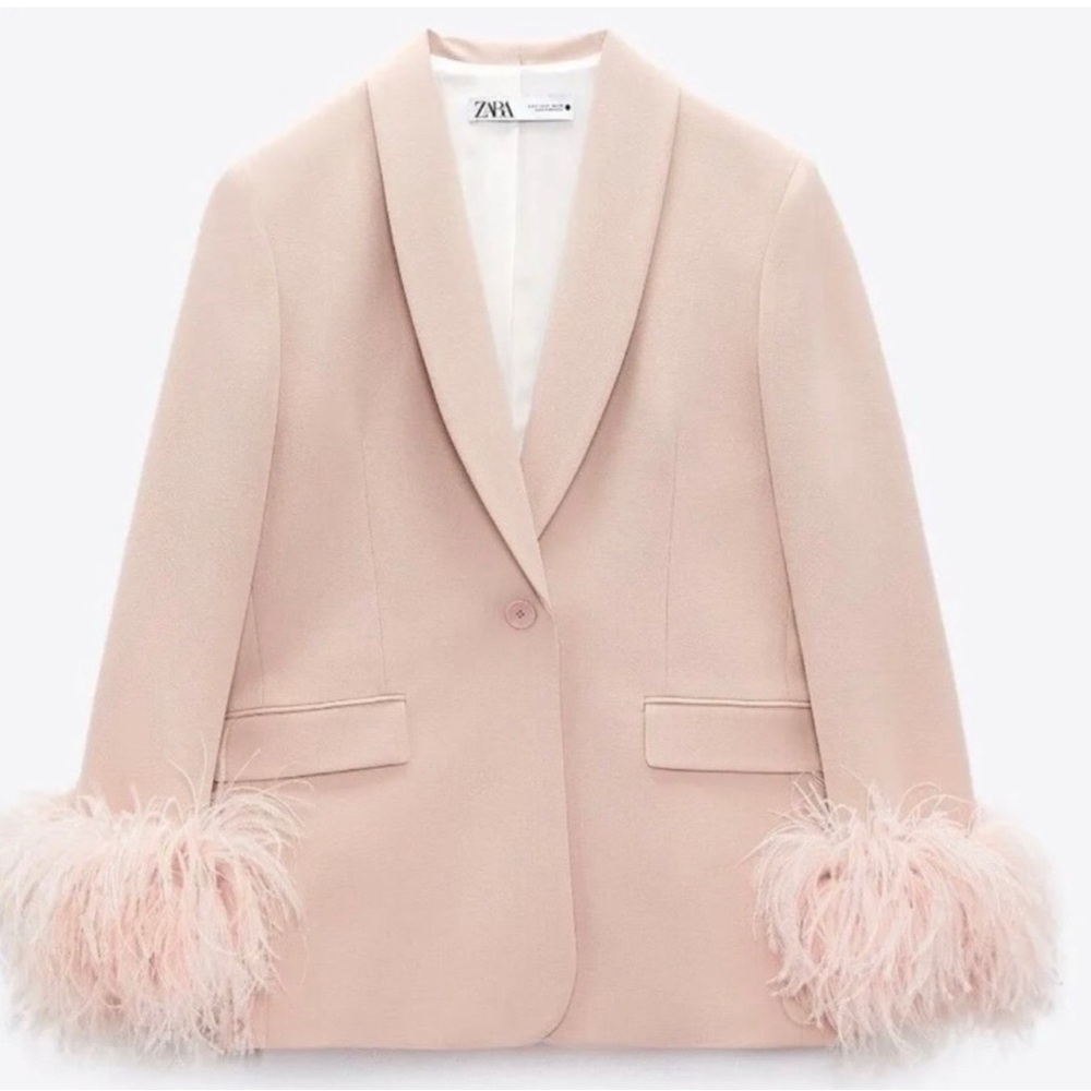A215 ZARA STRAIGHT NUDE BEIGE
BLAZER JACKET WITH FEATHERS COAT
